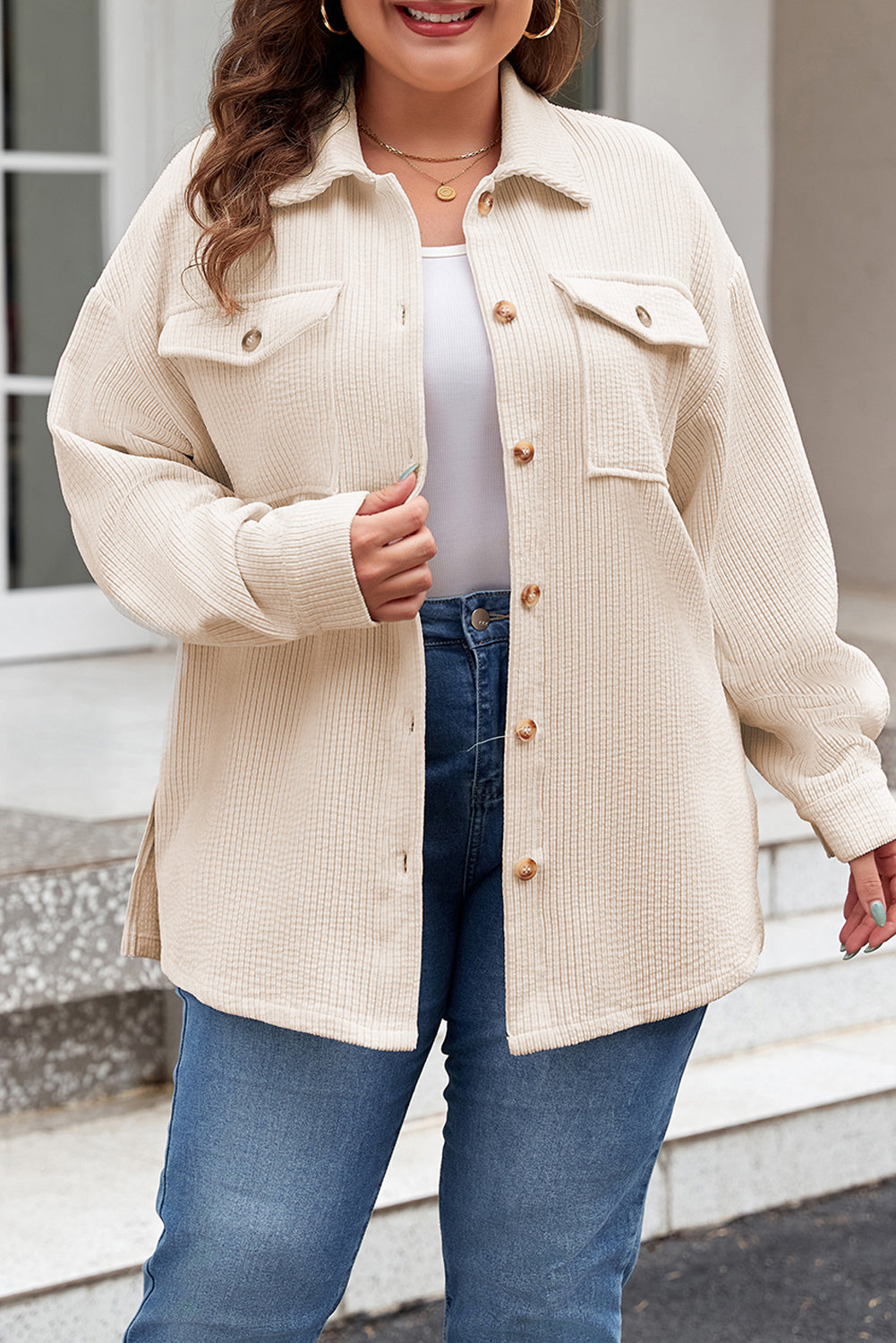 Oatmeal Textured Shacket With Buttoned Pockets Plus Size Dear-Lover Dropshipping